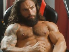 Wild long hair muscle bro grunts and gets loud when squirting