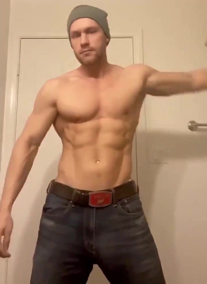 Stud strips to show chiseled muscles and then GIGANTIC horse cock