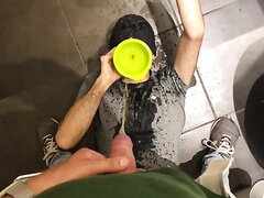 Piss drinking fag licks his Master's sneakers