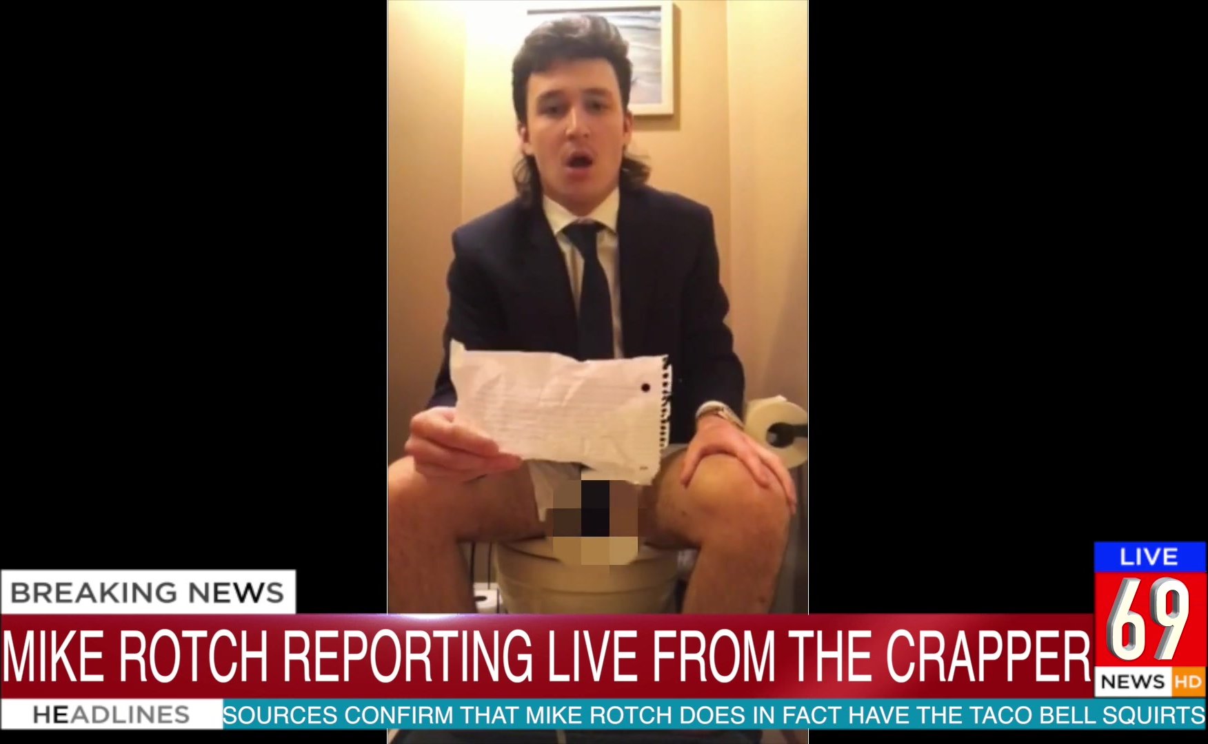 News reporter on the toilet