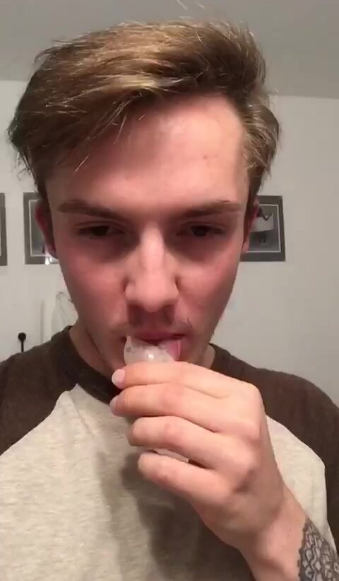 Drinking cum from anon condom