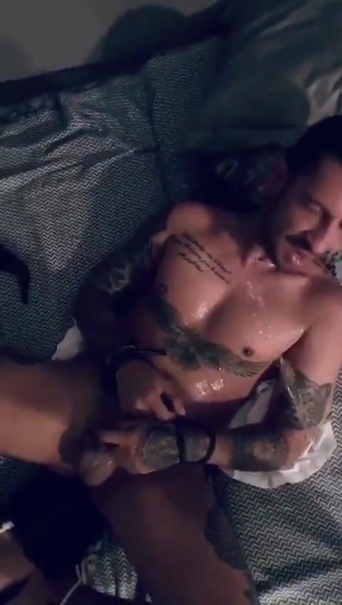 Inked piss pig hosed down on bed