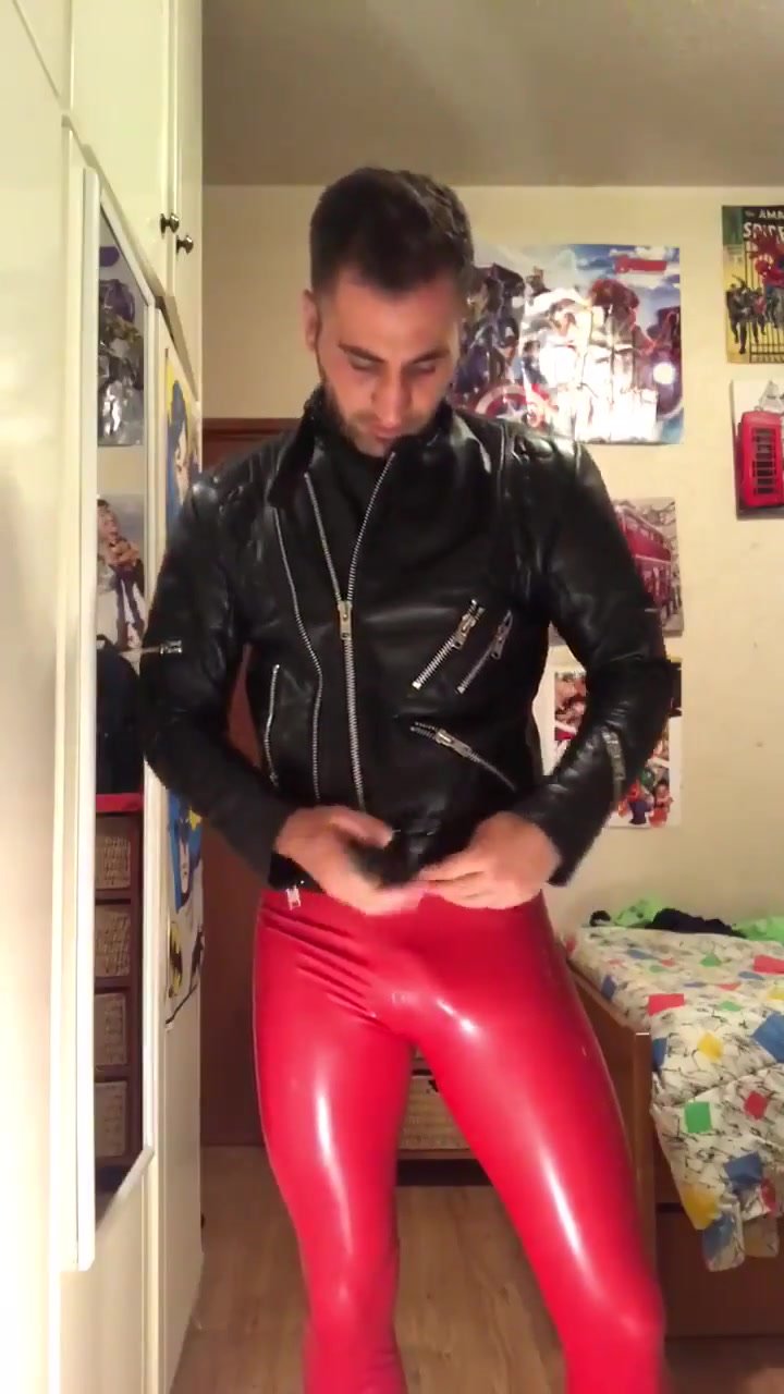 red rubber pants and leather jacket
