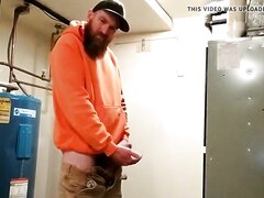 Ginger redneck strokes at work and eats it