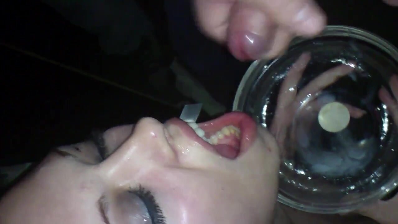 Amateur girl gets spoon fed cum from  guys in a club