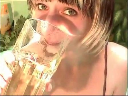 Big tit girl drinks her own piss and plays