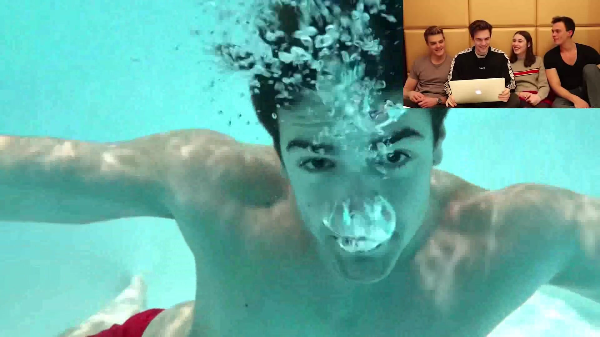 Barefaced german guy singing underwater in pool