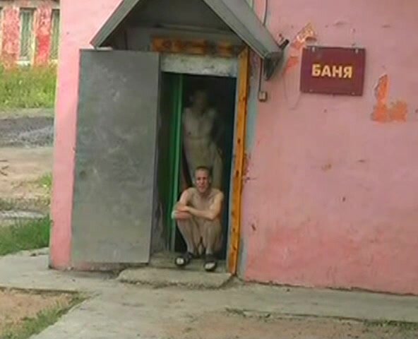 Russian soldiers naked outside barracks