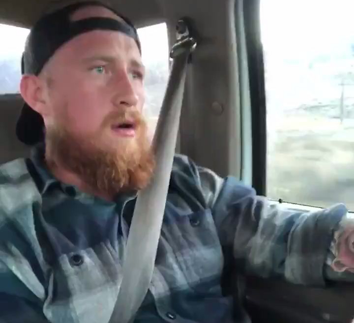 Bearded ginger bro stroking while driving