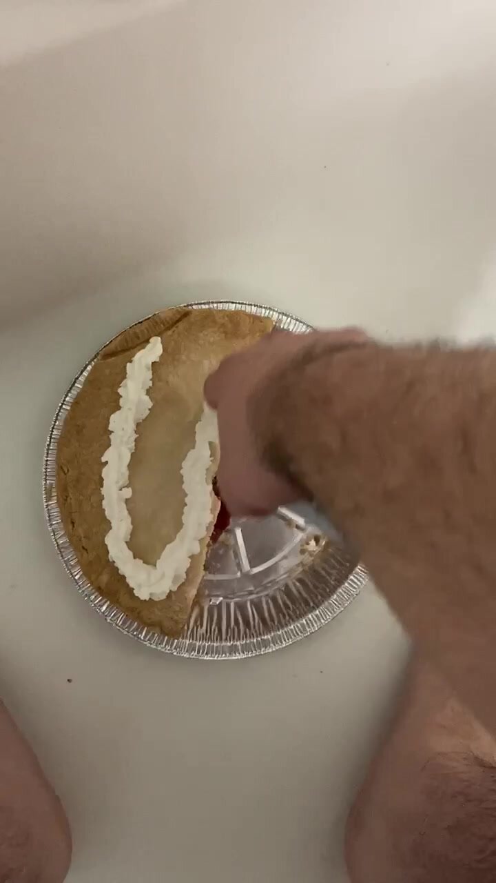Locked chastity boy crushes strawberry pie with cream