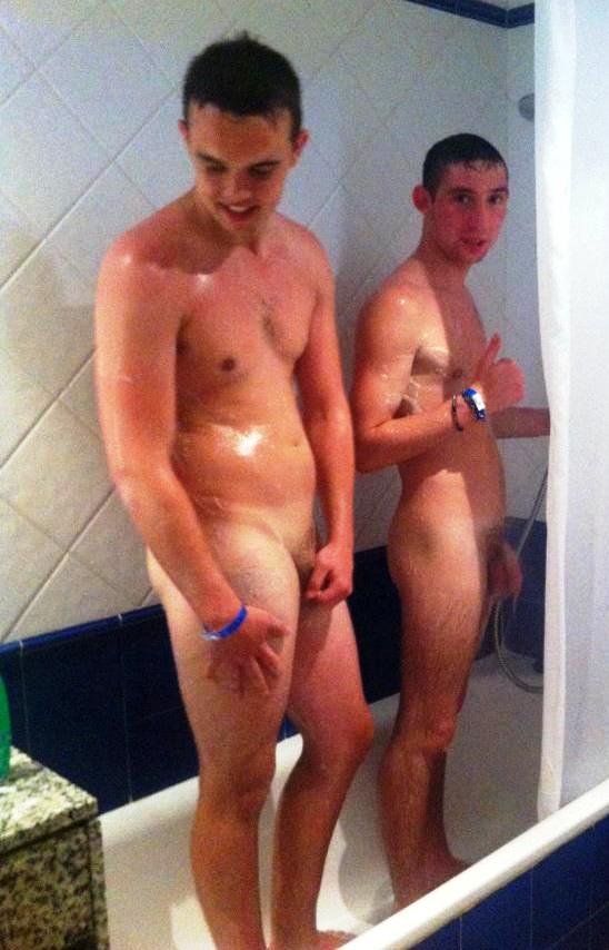 Scottish straight mates shower naked together