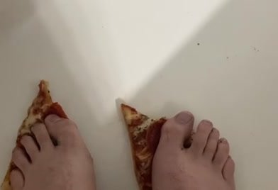 Locked chastity boy crushes pizza