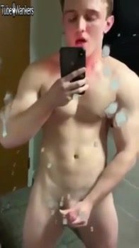 College Twink whit Phone  Cums on Mirror