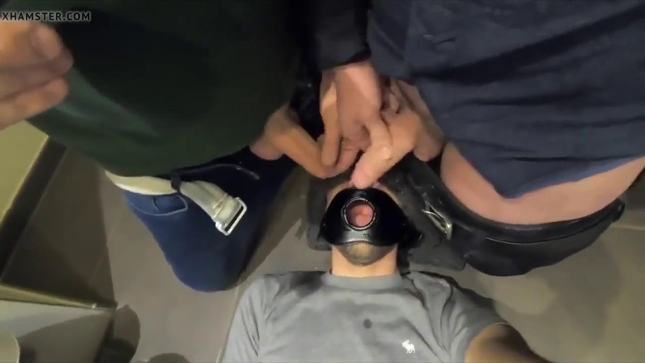 Fag drinks piss and cum from 2 uncut cocks in public restroom