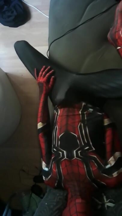 Spiderman jerk off hard and cum trough the suit