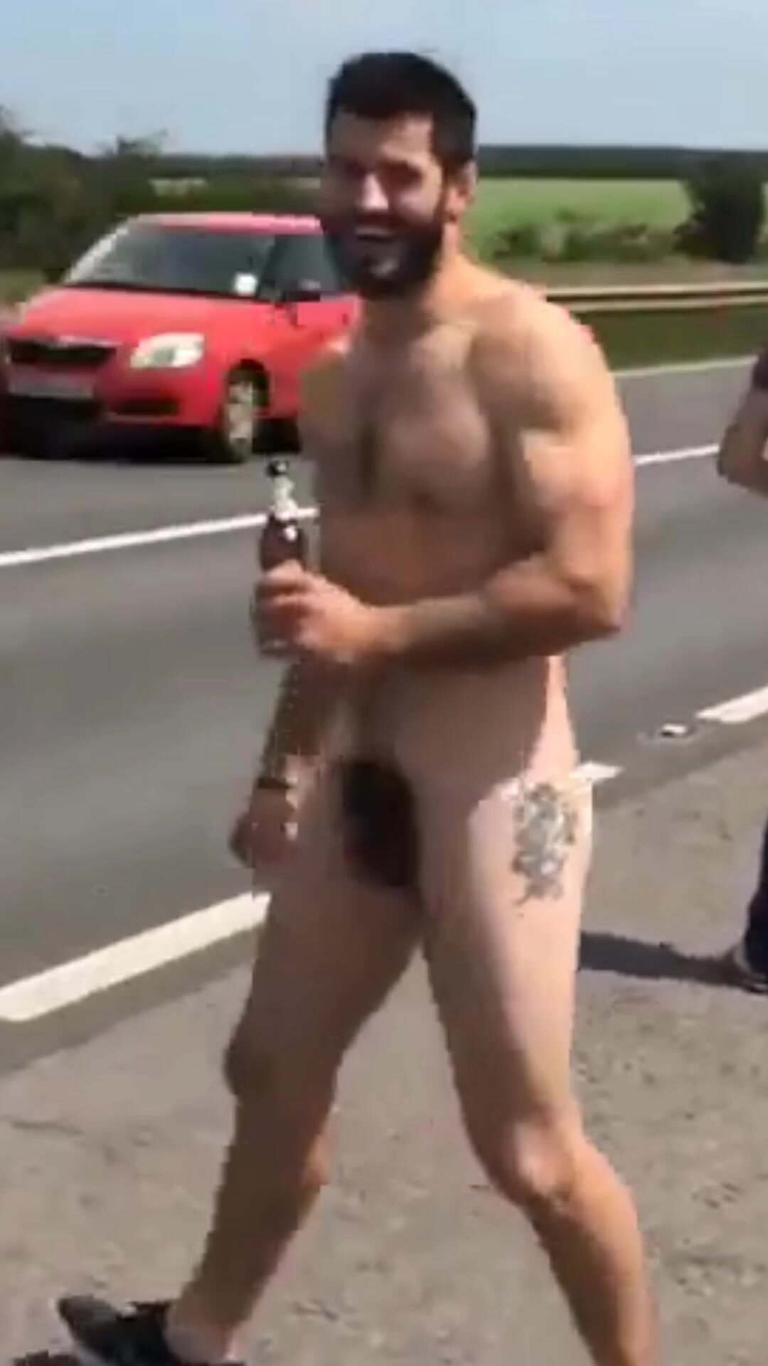 Muscle Hairy Man Naked In Public Road 