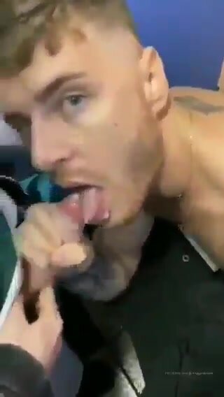 Boy blows two guys in restroom, lots of cum