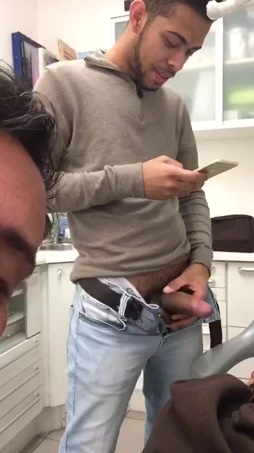 Man sucking his friend dick in a dentist chair