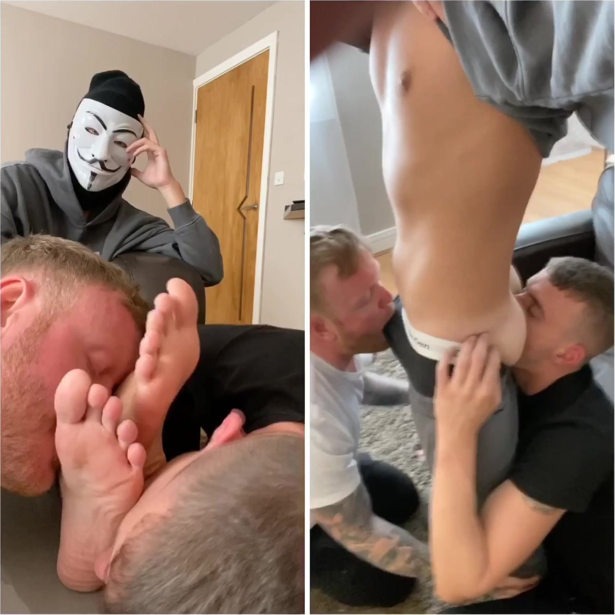 Two slaves lick feet, suck dick, and eat ass