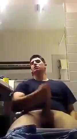 Dude with big balls gets interrupted while jerking off in the bathroom