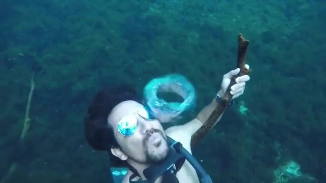Pepe blowing air rings underwater