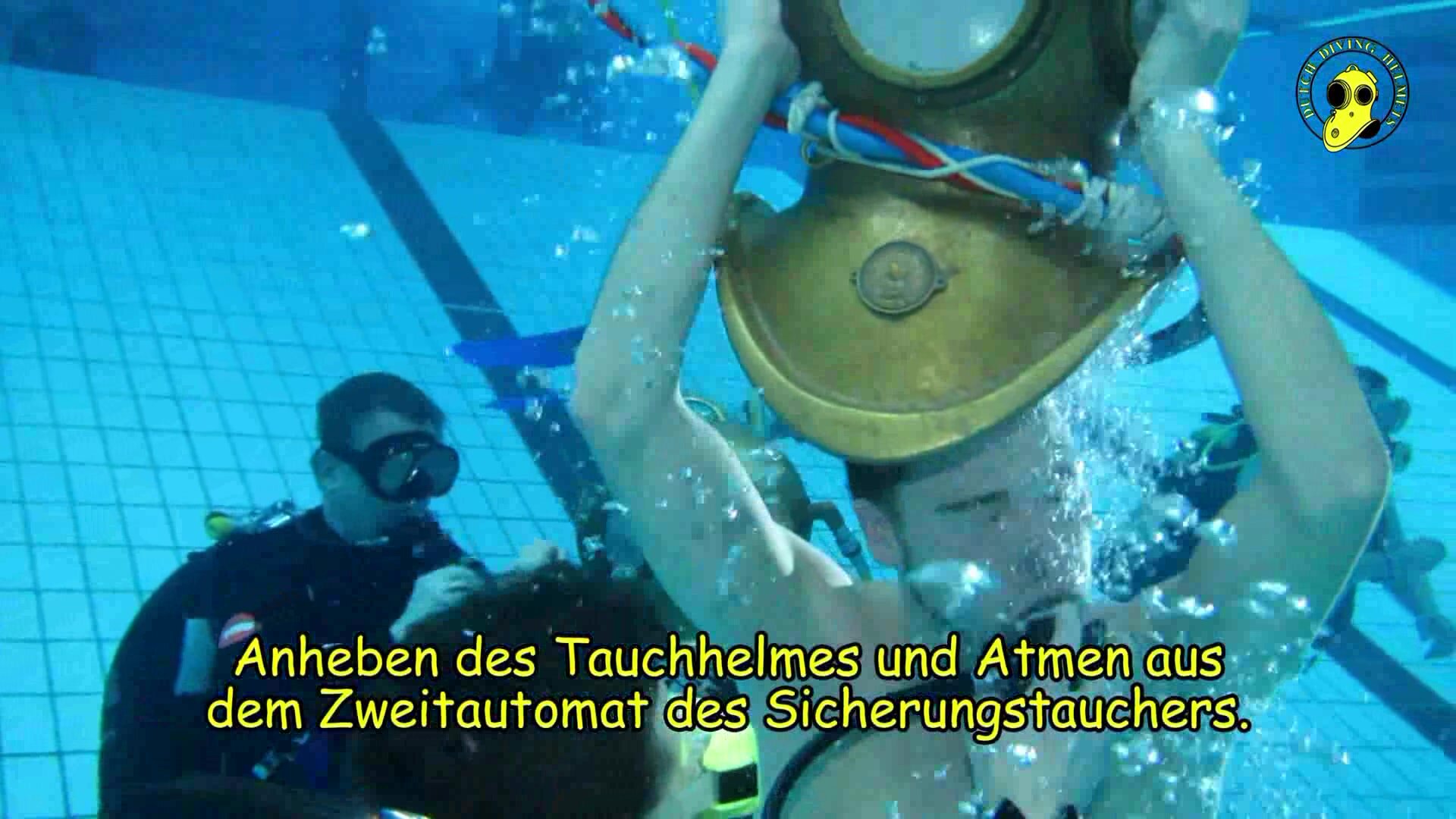 Dutch helmet divers barefaced underwater in pool