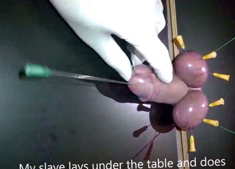 Needles in cock and balls of a male slave
