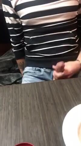 Hot guy cums at sushi restaurant on his meal