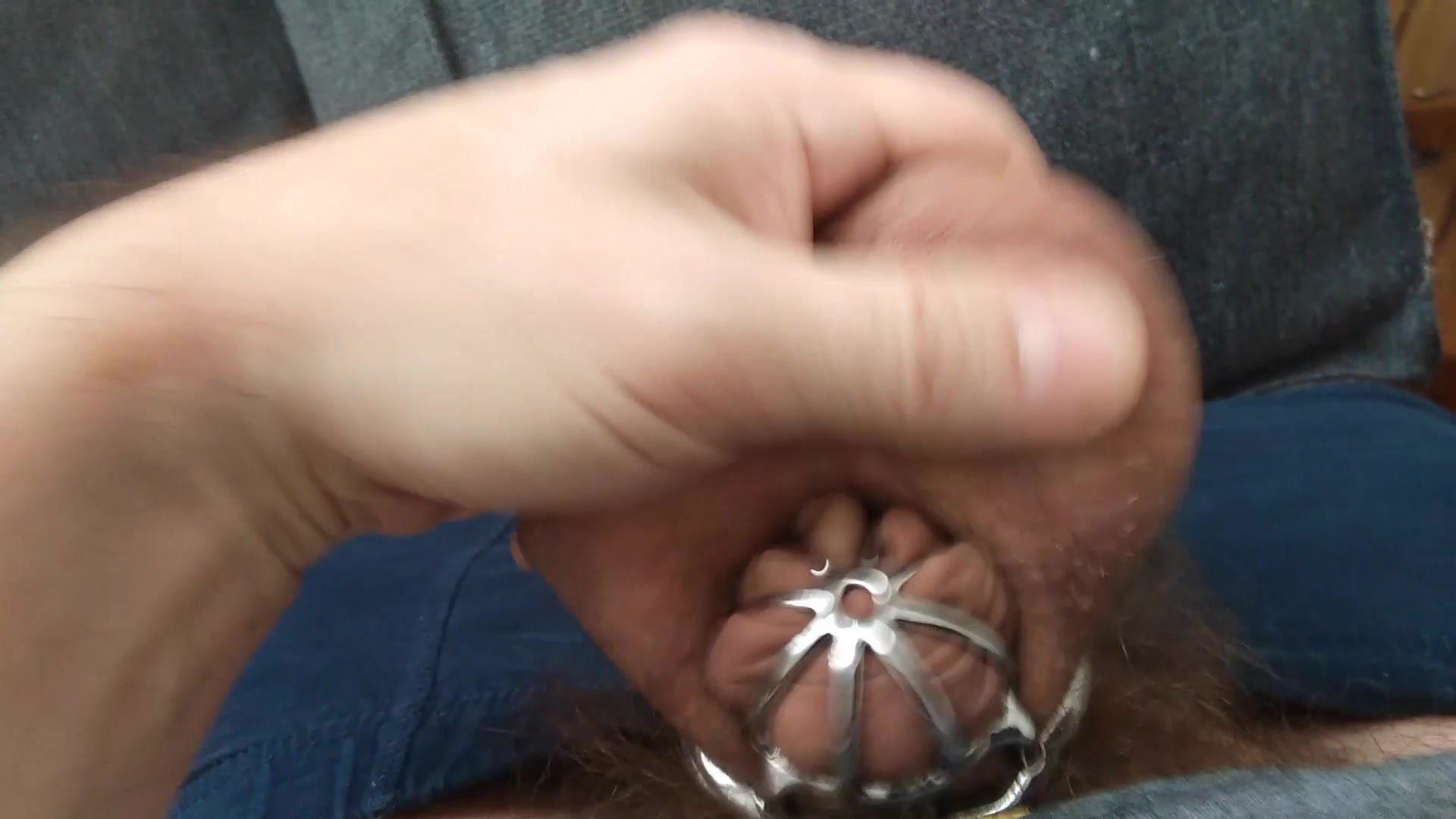 Unshaven balls slapping in chastity