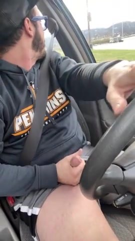 Quick drive while wanking and spunking on his leg