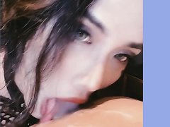 Asian sissy cums on her friend and tastes it