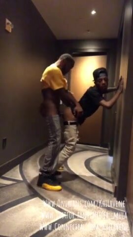 Quick fuck in hotel hallway with two hot black guys