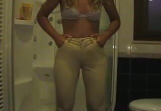 Italian girl tight jeans pee holding