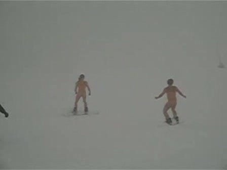 Three dudes naked snowboarding