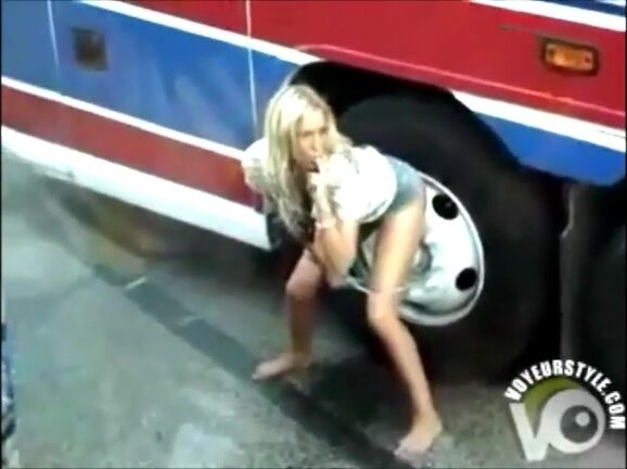 Public Pissing - Blonde pees by the bus