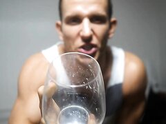 Hunky Verbal Muscle Master Prepares a Glass of His Spit