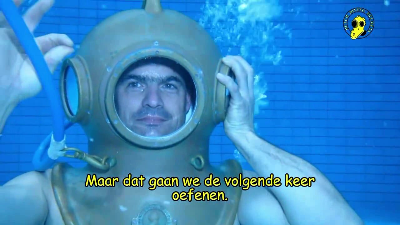 Dutch helmet hairy divers barefaced underwater in pool