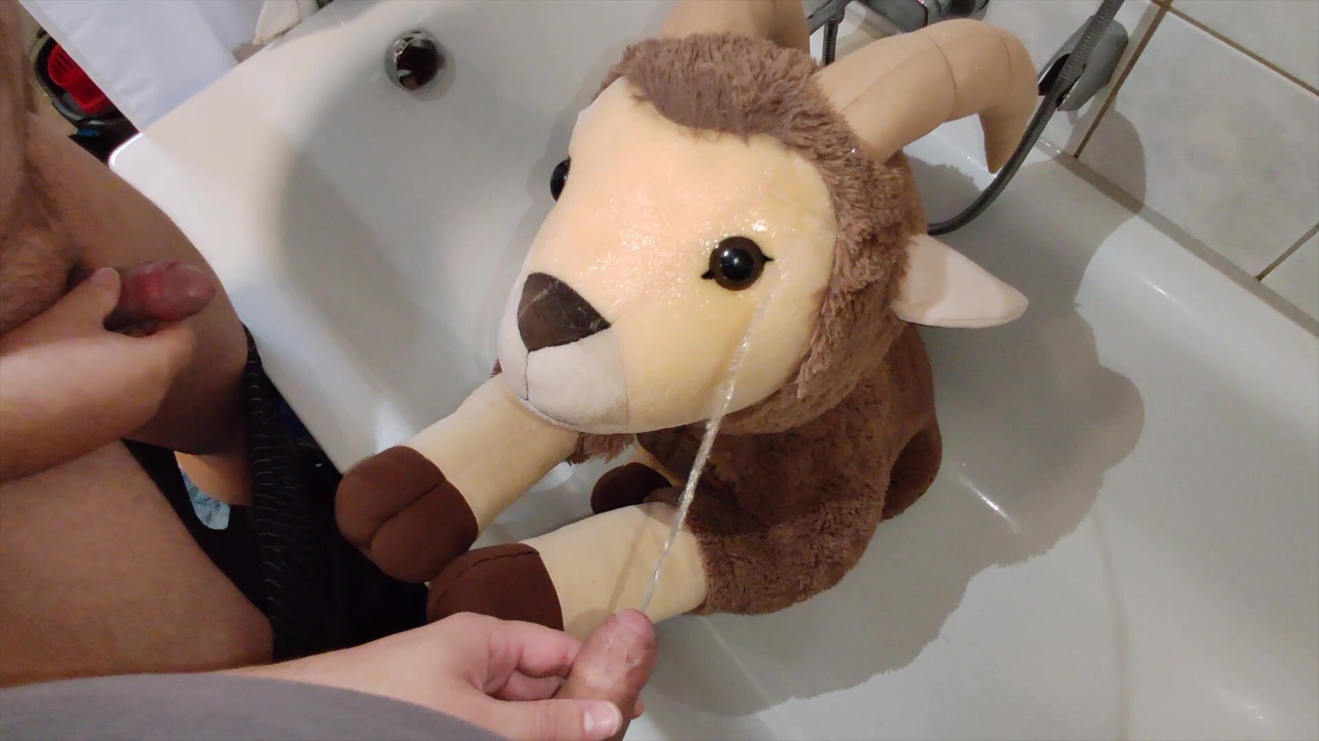 Pissing on a goat plushie with a friend