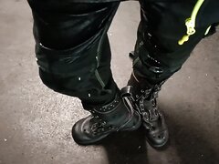 Public piss in black strauss work gear and Haix boots