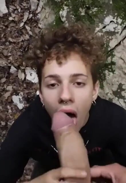 Twink guy sucking big uncut cock in the wood - cum