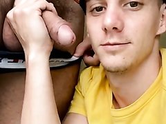 Sucking his straight friend with cum in mouth