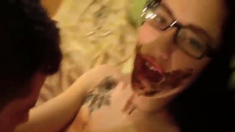 Nerdy babe gives blowjob after smearing shit