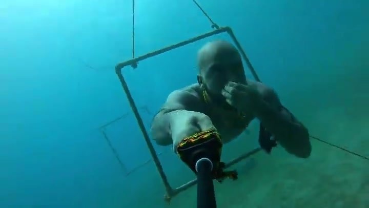 Bald freediver barefaced underwater