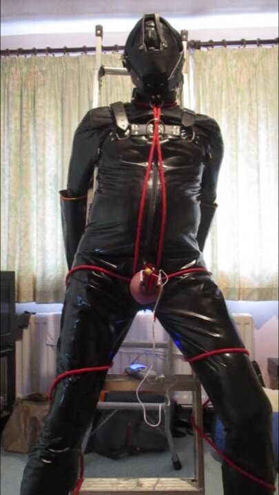 E-Stim to chastity, tied to a ladder