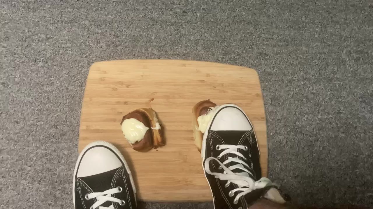 Locked chastity boy crushes cinnamon buns in converse