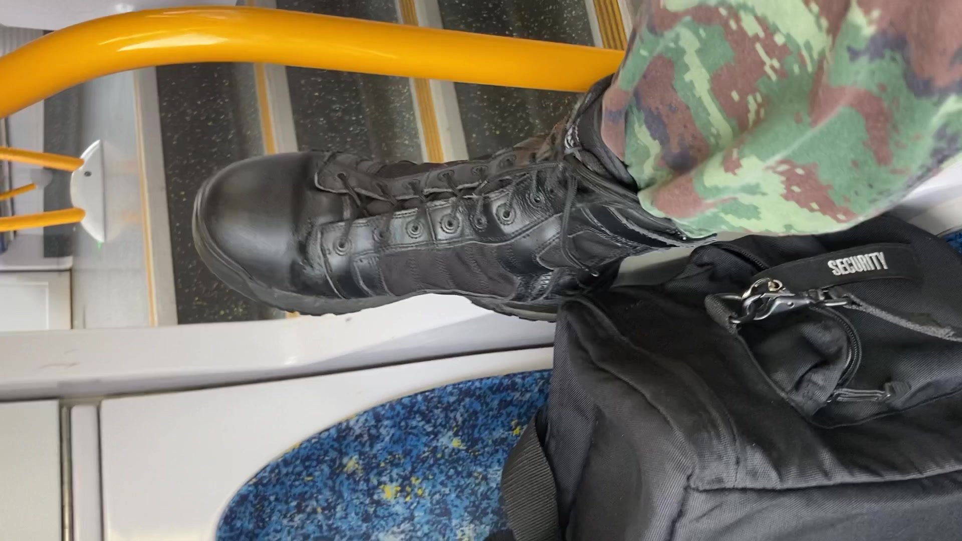 Wearing boots on the train.
