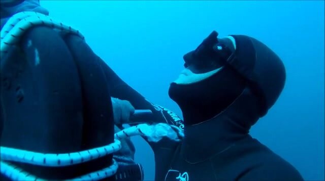 French freedivers breatholding underwater in wetsuits