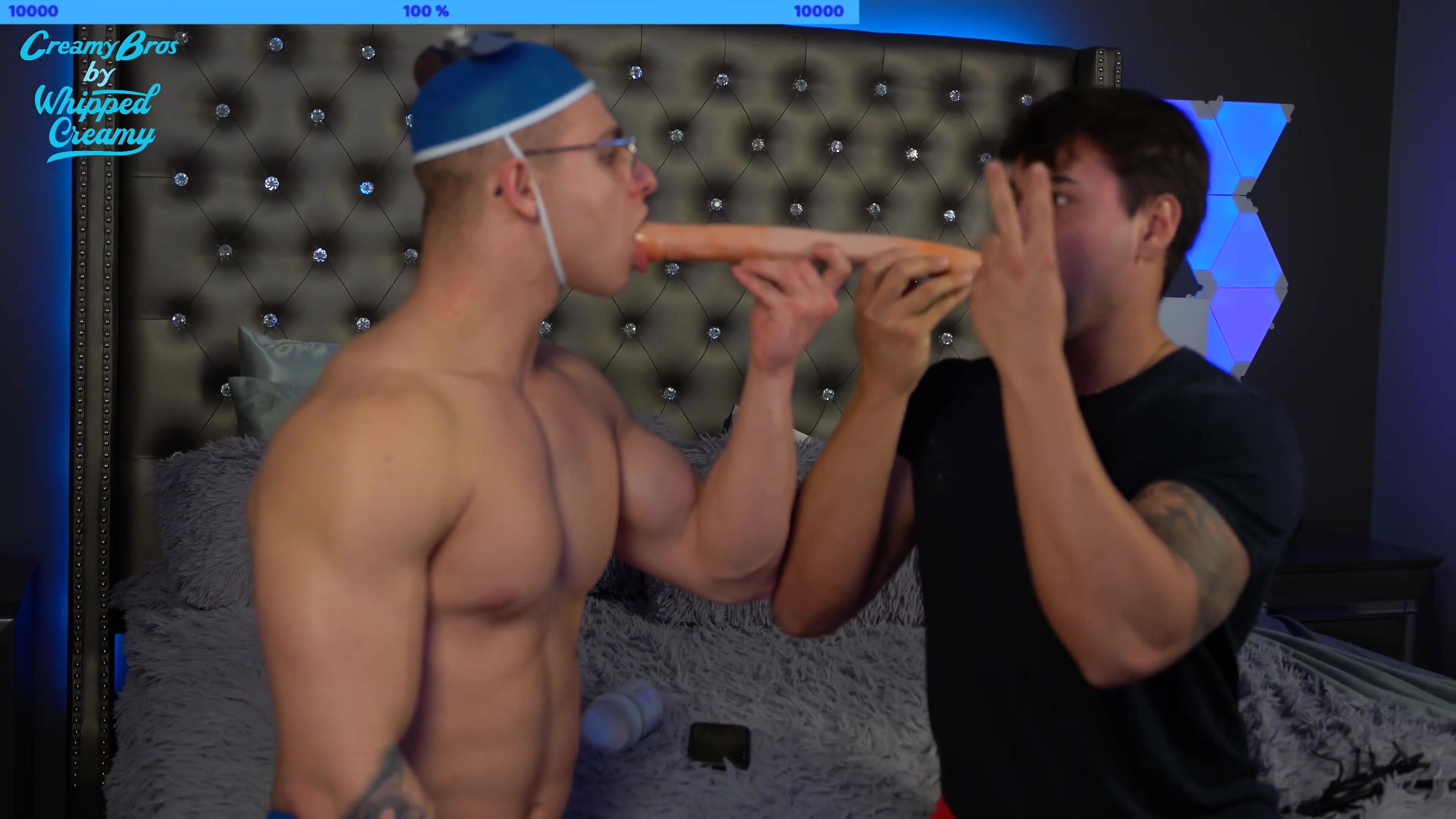 Two Str8 guys deep throat double sided dildo - ThisVid.com