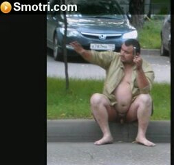 Chubby Russian man naked on the street