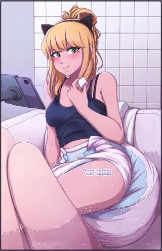 Shy Girl Wearing Her Diaper In The Bathtub